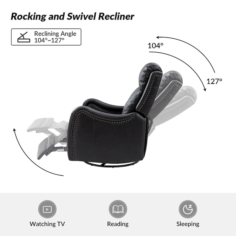 Genuine Leather Swivel Rocker Recliner with Nailhead Trims, Set of 2