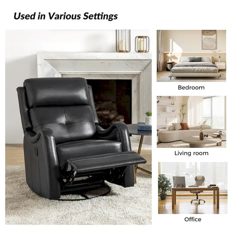 Genuine Leather Swivel Rocker Recliner with Nailhead Trims, Set of 2