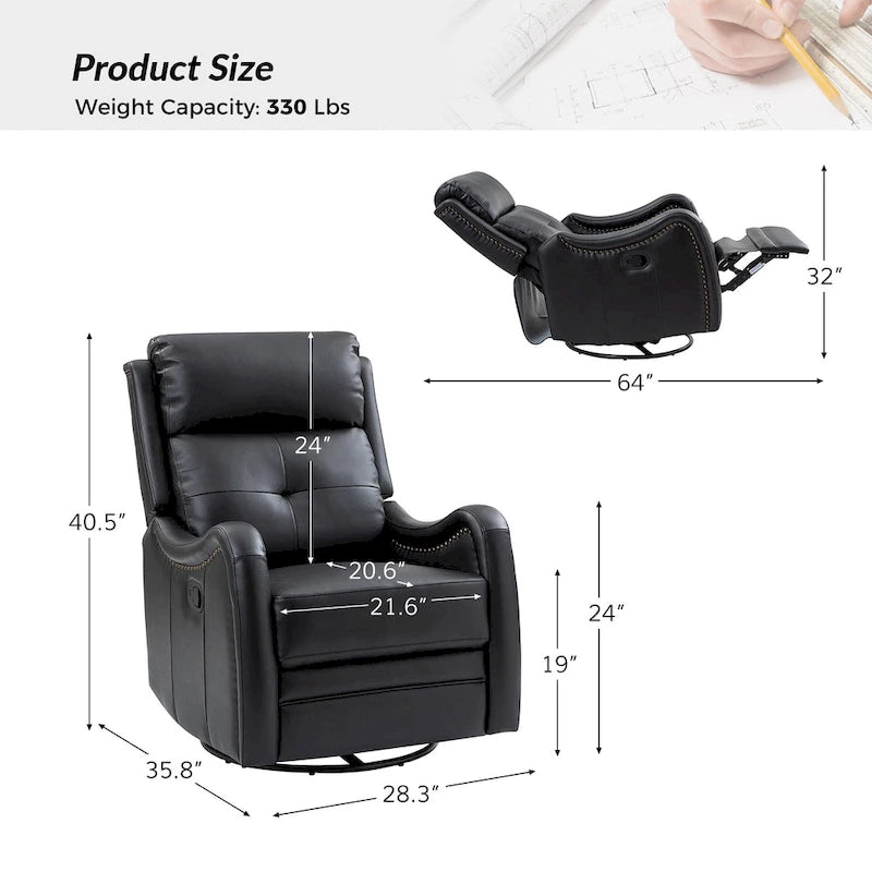 Genuine Leather Swivel Rocker Recliner with Nailhead Trims, Set of 2