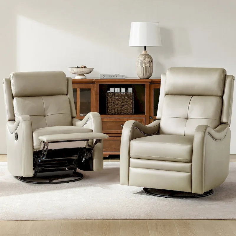 Genuine Leather Swivel Rocker Recliner with Nailhead Trims, Set of 2