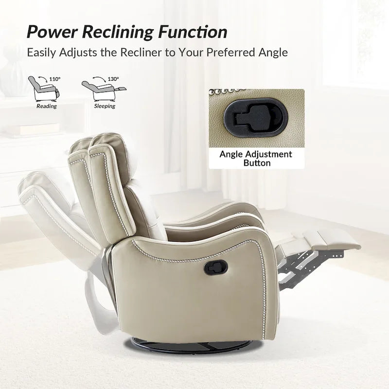 Genuine Leather Swivel Rocker Recliner with Nailhead Trims, Set of 2