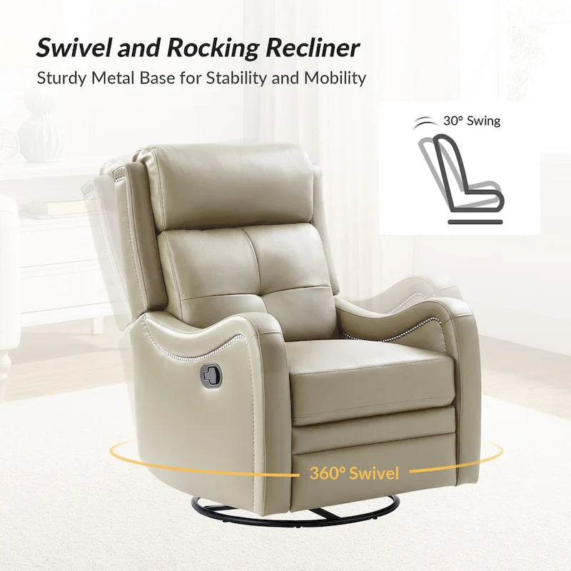 Genuine Leather Swivel Rocker Recliner with Nailhead Trims, Set of 2