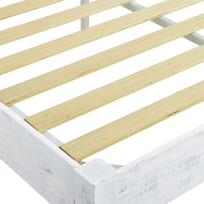 Solid Pine Wood 12-Slat Platform Bed Frame, Whitewashed, King
