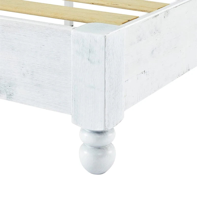 Solid Pine Wood 12-Slat Platform Bed Frame, Whitewashed, King
