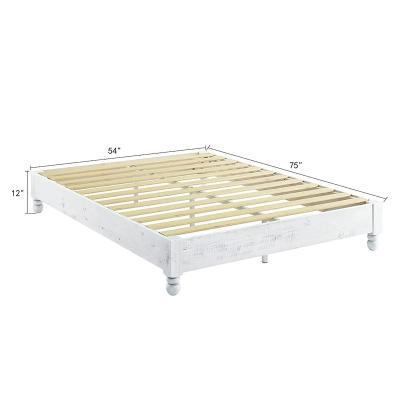 Solid Pine Wood 12-Slat Platform Bed Frame, Whitewashed, King