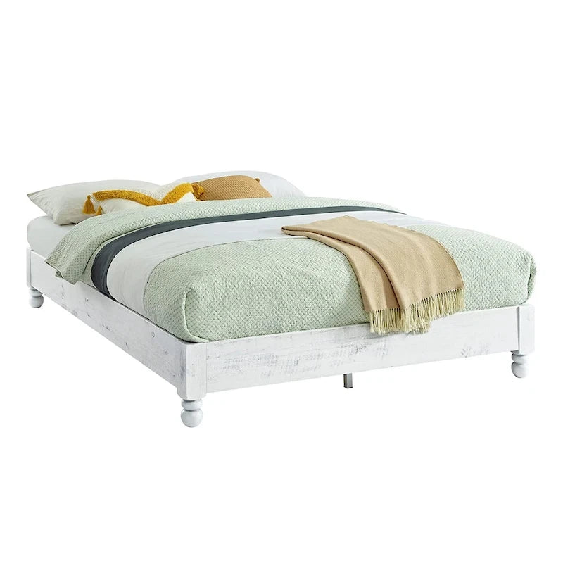 Solid Pine Wood 12-Slat Platform Bed Frame, Whitewashed, King