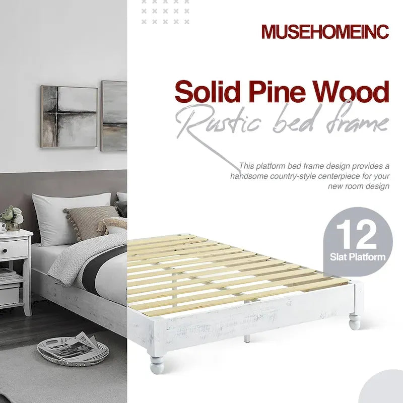 Solid Pine Wood 12-Slat Platform Bed Frame, Whitewashed, King