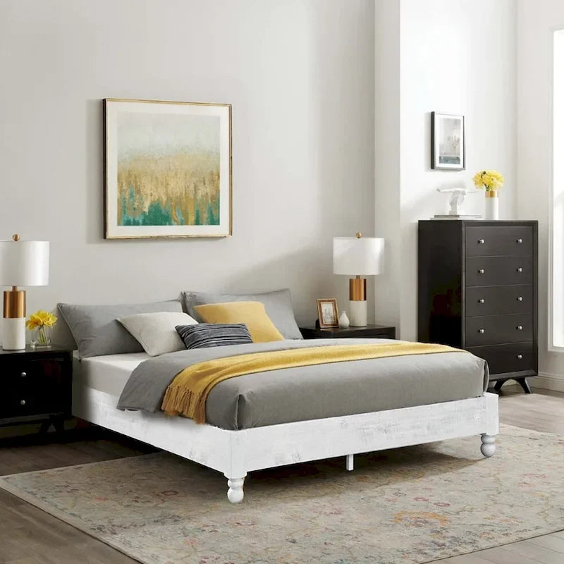 Solid Pine Wood 12-Slat Platform Bed Frame, Whitewashed, King