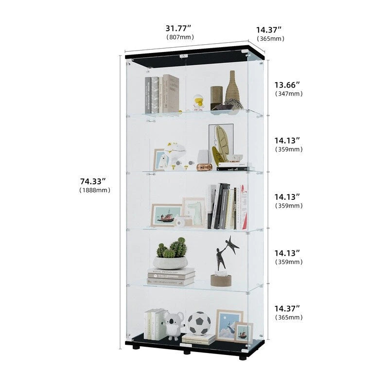 5-Shelf Double Door Glass Display Cabinet