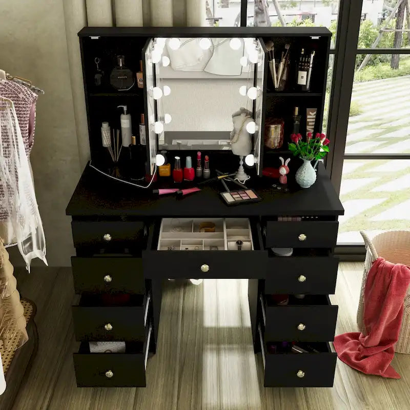 9-Drawer Vanity Table with LED Mirror and 3 Adjustable Mirrors