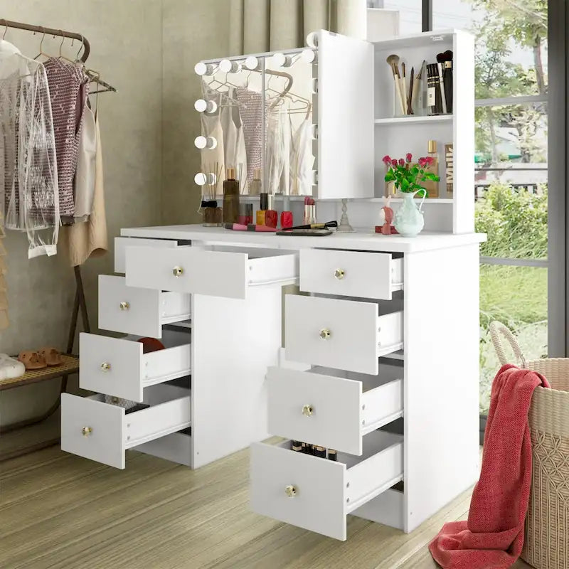 9-Drawer Vanity Table with LED Mirror and 3 Adjustable Mirrors