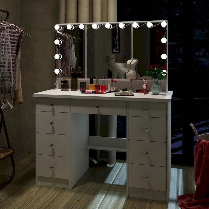 9-Drawer Vanity Table with LED Mirror and 3 Adjustable Mirrors