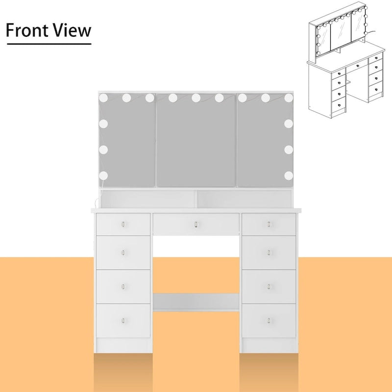 9-Drawer Vanity Table with LED Mirror and 3 Adjustable Mirrors