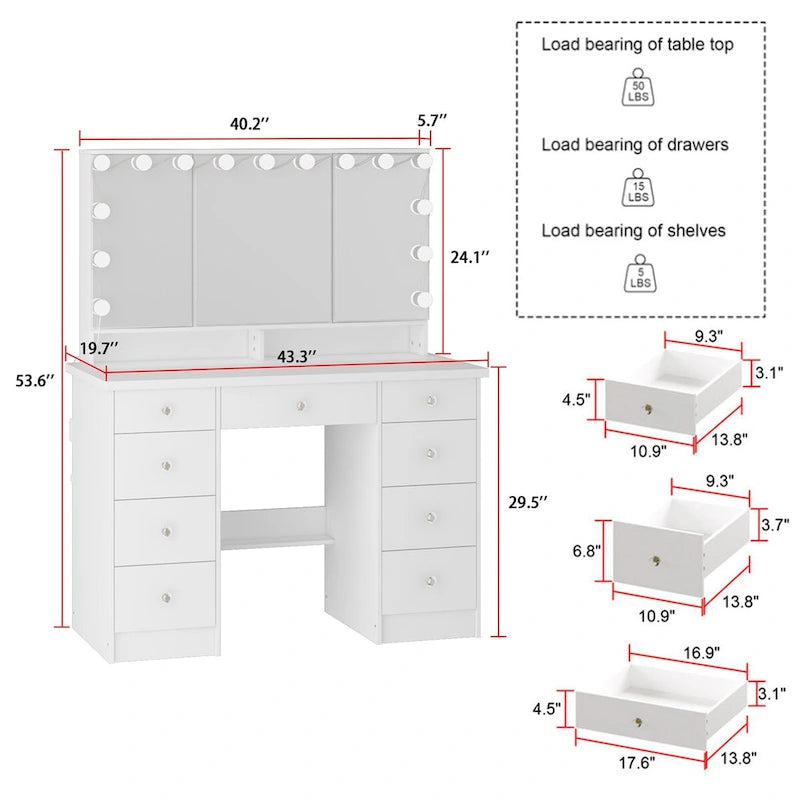 9-Drawer Vanity Table with LED Mirror and 3 Adjustable Mirrors