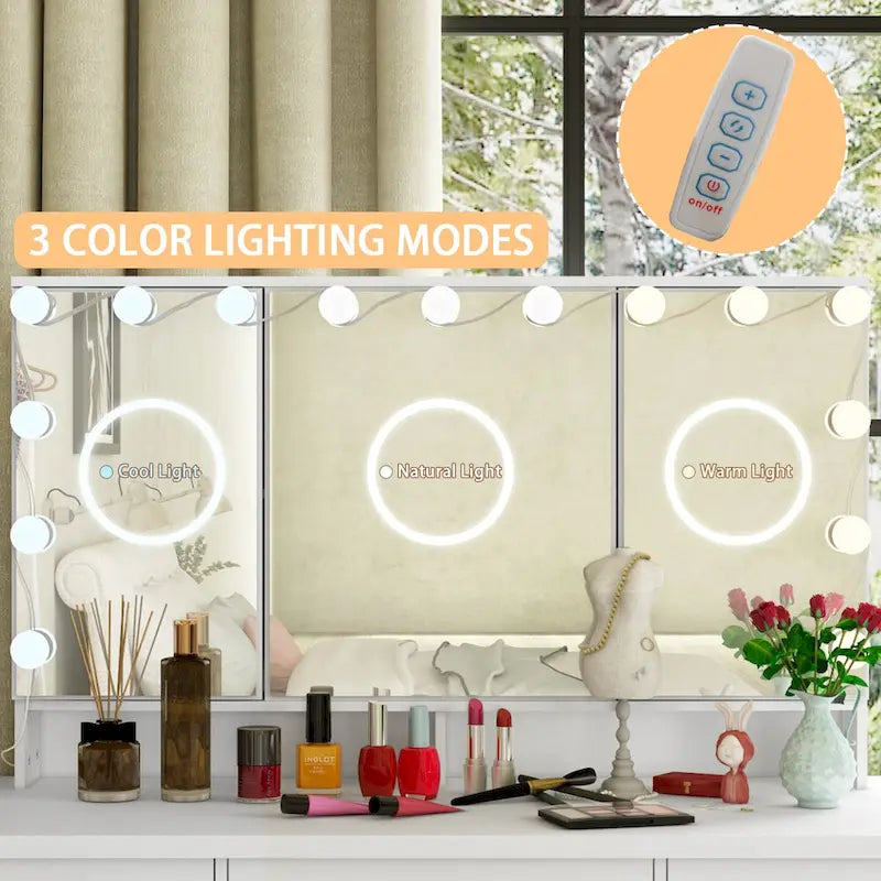 9-Drawer Vanity Table with LED Mirror and 3 Adjustable Mirrors
