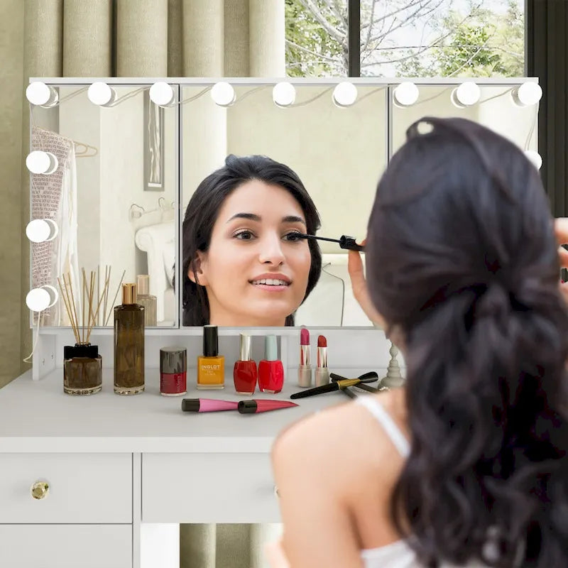 9-Drawer Vanity Table with LED Mirror and 3 Adjustable Mirrors