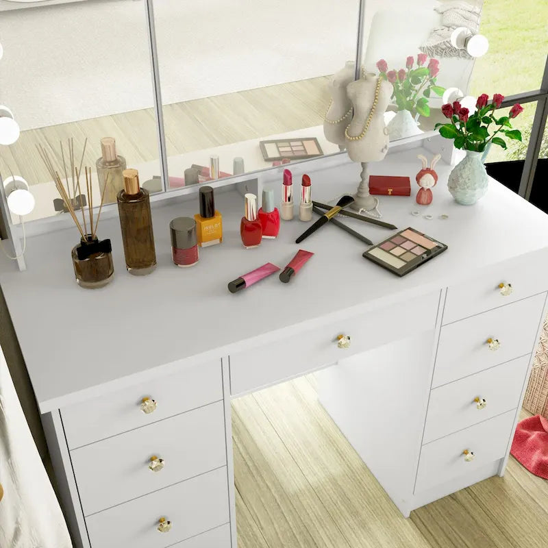 9-Drawer Vanity Table with LED Mirror and 3 Adjustable Mirrors