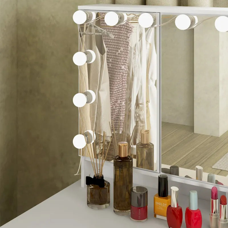 9-Drawer Vanity Table with LED Mirror and 3 Adjustable Mirrors