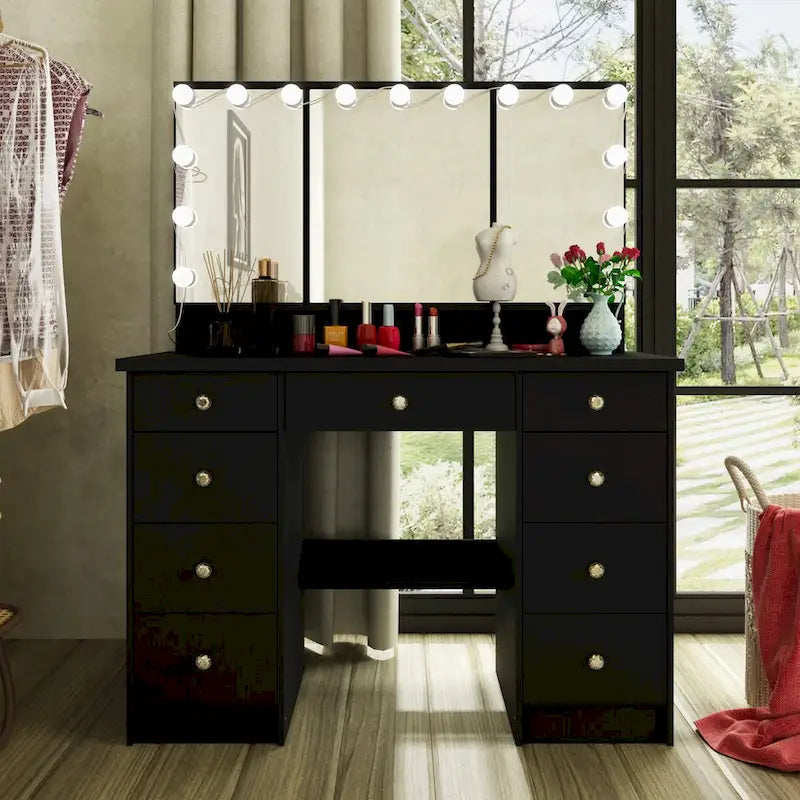 9-Drawer Vanity Table with LED Mirror and 3 Adjustable Mirrors