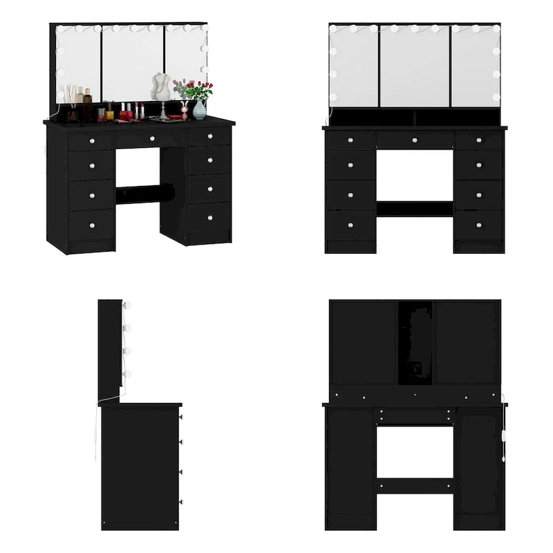 9-Drawer Vanity Table with LED Mirror and 3 Adjustable Mirrors