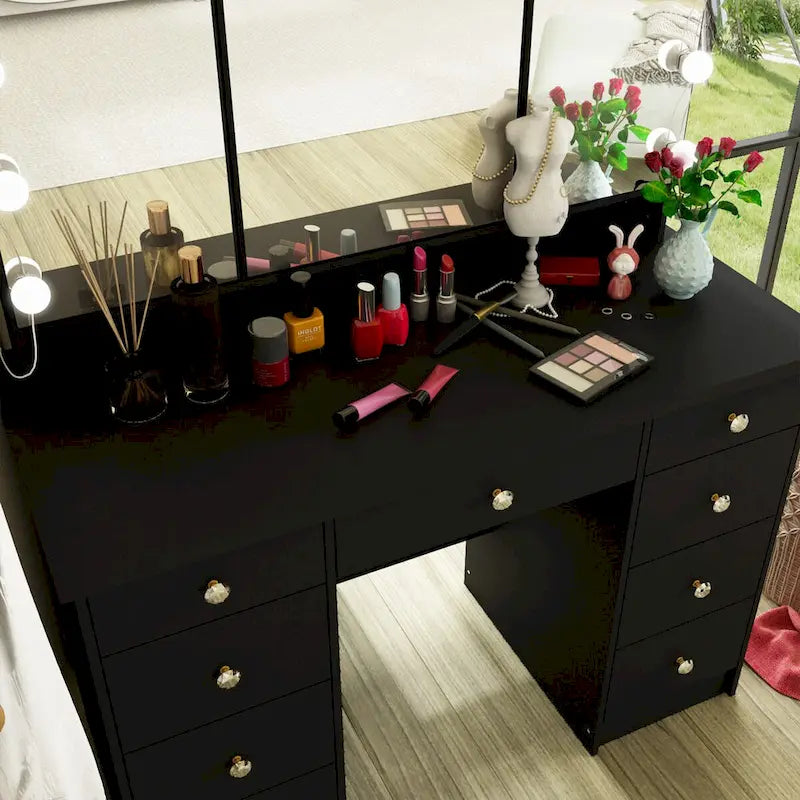 9-Drawer Vanity Table with LED Mirror and 3 Adjustable Mirrors