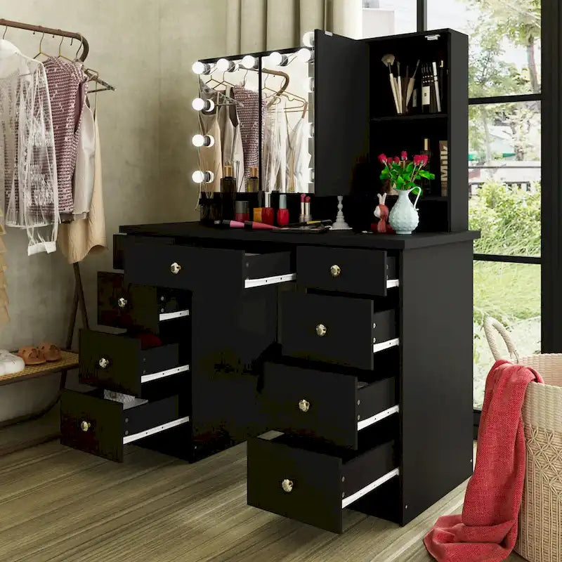 9-Drawer Vanity Table with LED Mirror and 3 Adjustable Mirrors