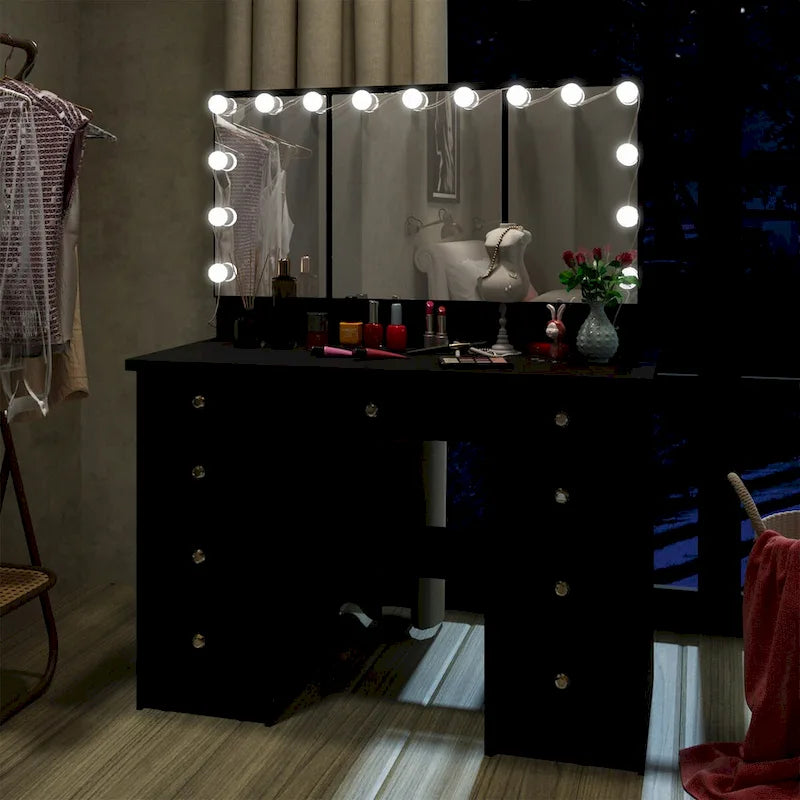 9-Drawer Vanity Table with LED Mirror and 3 Adjustable Mirrors