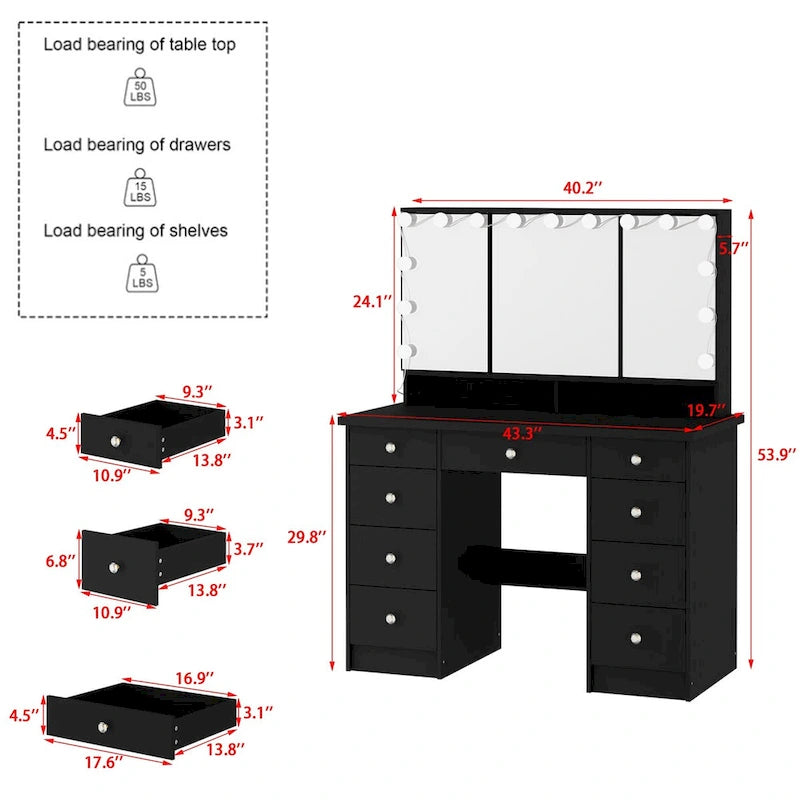 9-Drawer Vanity Table with LED Mirror and 3 Adjustable Mirrors