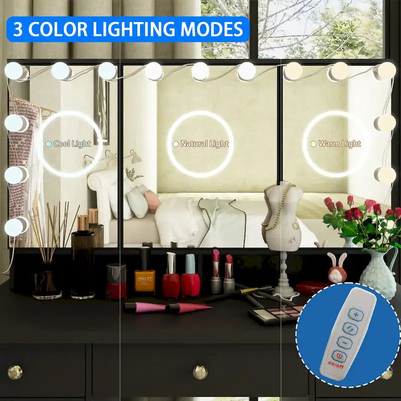 9-Drawer Vanity Table with LED Mirror and 3 Adjustable Mirrors