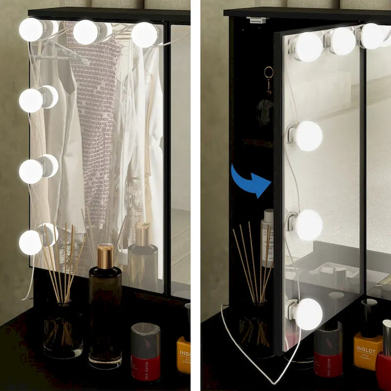 9-Drawer Vanity Table with LED Mirror and 3 Adjustable Mirrors