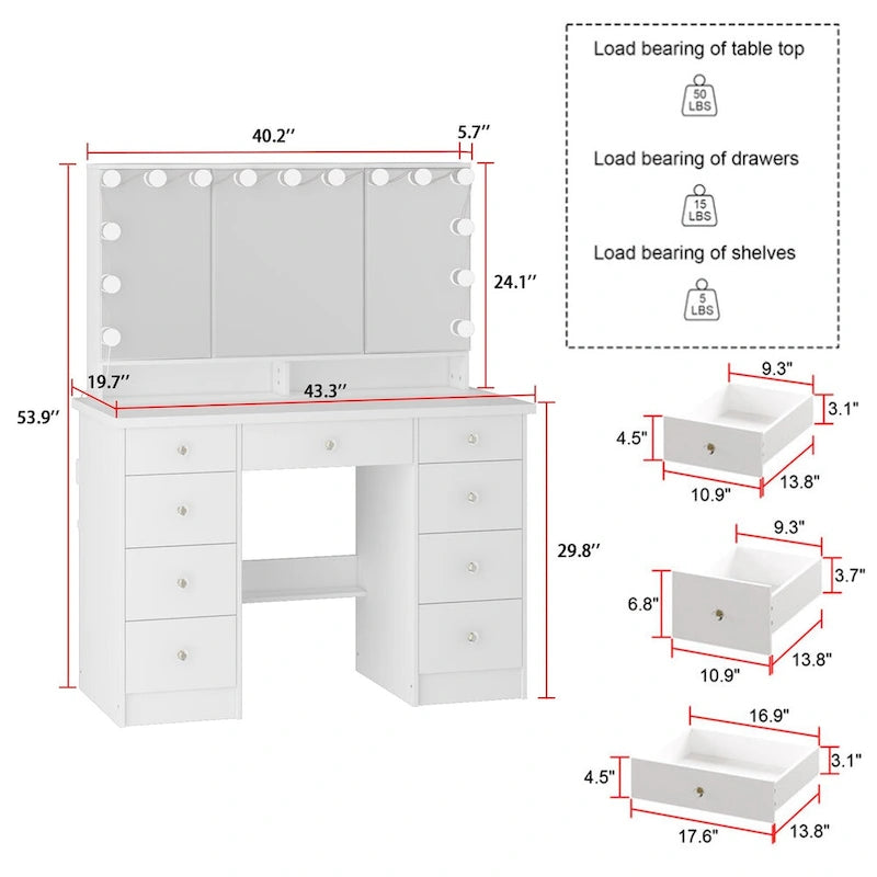 9-Drawer Vanity Table with LED Mirror and 3 Adjustable Mirrors