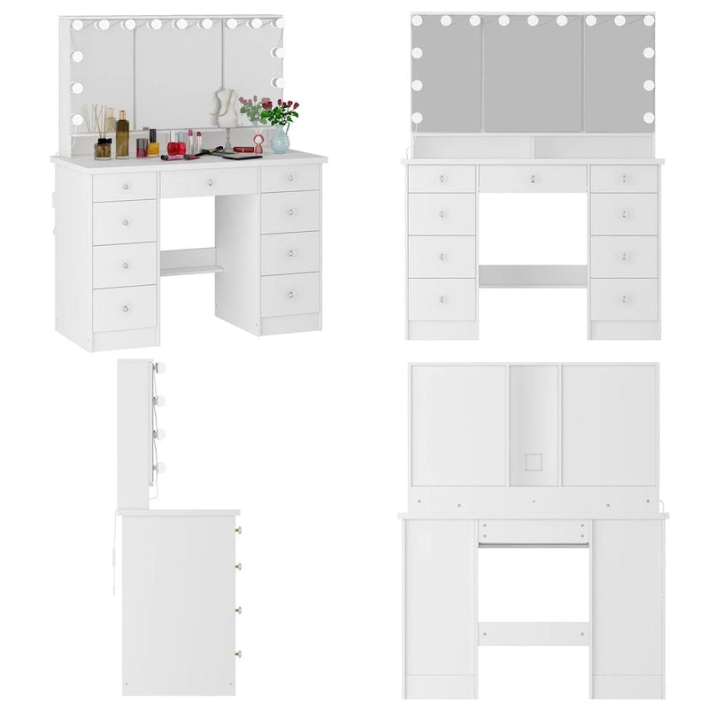 9-Drawer Vanity Table with LED Mirror and 3 Adjustable Mirrors
