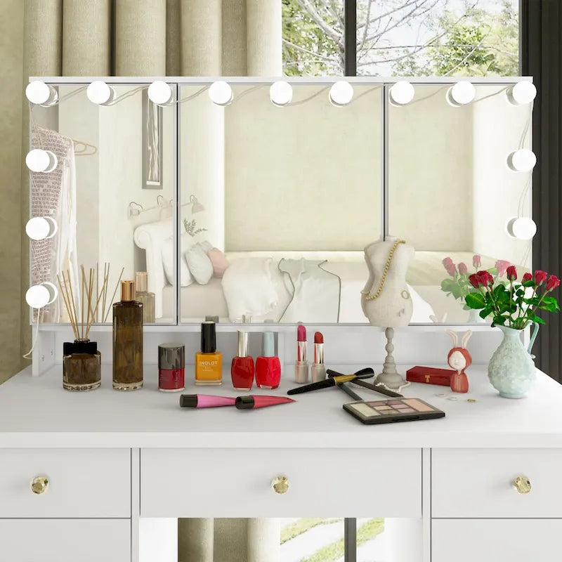 9-Drawer Vanity Table with LED Mirror and 3 Adjustable Mirrors