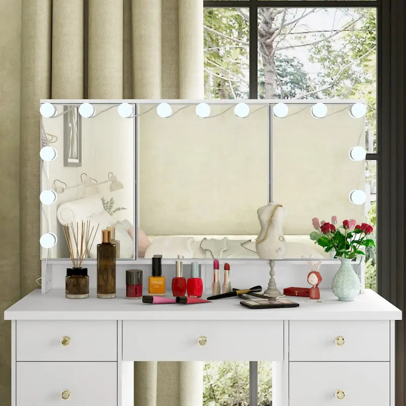 9-Drawer Vanity Table with LED Mirror and 3 Adjustable Mirrors