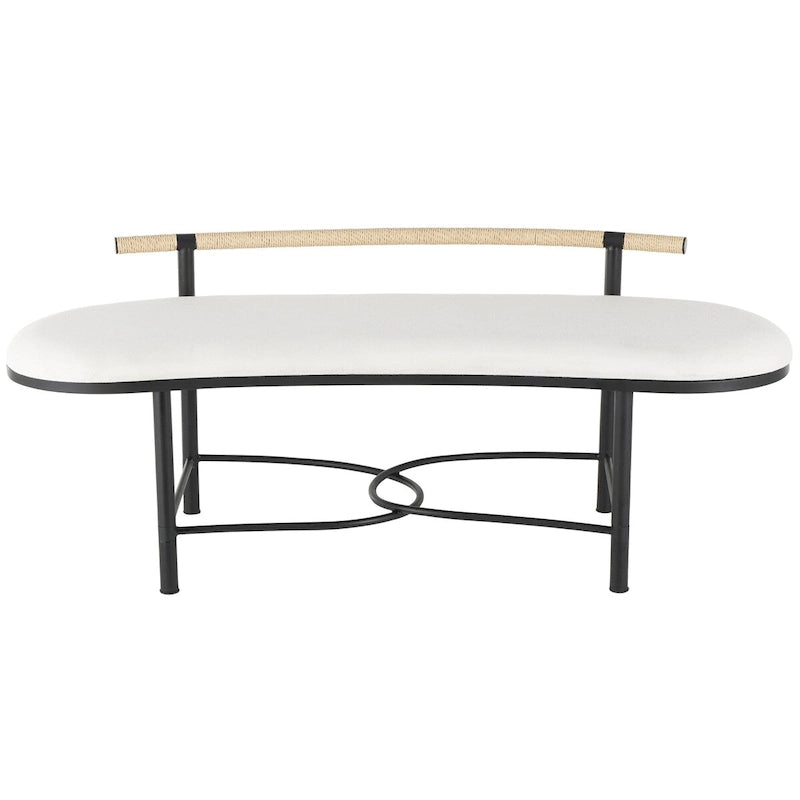 Upholstered Oval Bench with Black Metal Frame and Rope Rod Backrest - White
