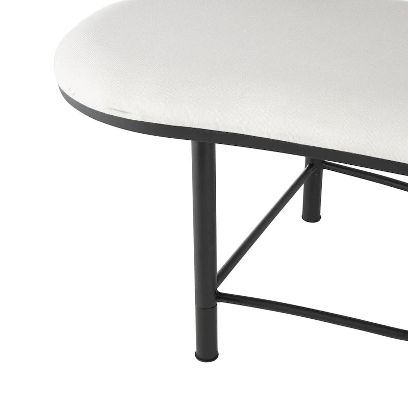 Upholstered Oval Bench with Black Metal Frame and Rope Rod Backrest - White